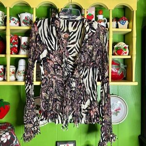 Y2k Boho Grunge Fairycore Paisley Print Sheer Crinkled Mesh Tassel Fringe Blouse